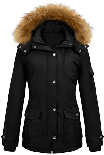 TOMEEK Chaqueta Mujer Invierno Abrigo Parka con Capucha de Piel Gruesa Chaqueta de Invierno con Bolsillo Cremallera Térmica Abrigos Mujer Prueba de Viento Cálido(Negro,L)