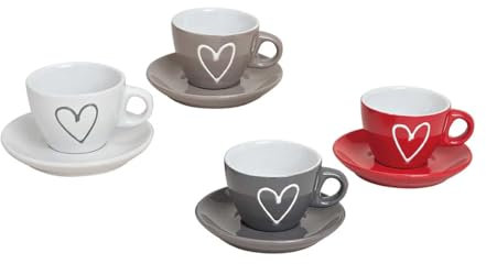 Set mit 4 Espressotassen mit Untertassen | Keramiktassen in 4 verschiedenen Farben mit Herzdekor | Geschenk für Geburtstag, Valentinstag oder Weihnachten - komplettes Set mit 4 x 90 ml