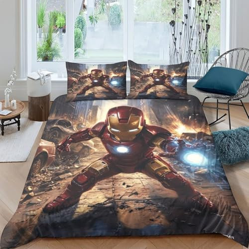 HITBOD 3D Print Iron Man Duvet Cover Set Ultra Soft,Breathable 3 Pcs Bedspread Cover with Pillowcase,Zipper Closure,for Kids Boys Girls Teens Double(200x200cm)