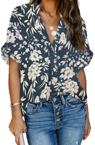 Ancapelion Women's Casual Loose Printed Chiffon Blouse Summer Short Sleeve Shirt for Ladies Blueprint M