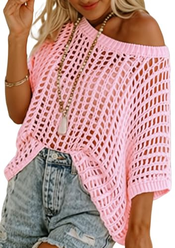 Chicrise Jersey de ganchillo para mujer, hombros descubiertos, cuello redondo, jersey de punto de gran tamaño, aguja de ganchillo, cubierta de malla, parte superior Lechit casual, Rosa., XL
