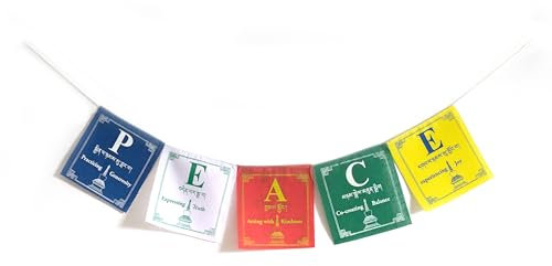 Bandiera di Preghiera Tibetana PEACE - Fatta a Mano in Nepal, Mantra Pace & Armonia