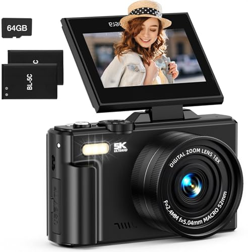 5K Digital Camera for Photography, 75MP WiFi Vlogging Camera for YouTube with 3 180° Flip Screen, UHD Autofocus Video Camara with 18X Zoom, Compact Vlog Travel Camera with 64GB SD Card, 2 Batterie
