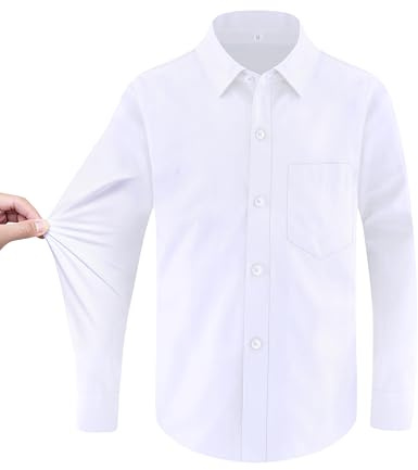 Marvelous World Boys' Long Sleeve Solid Buttoned Cuffs Dress Shirt Kids Casual Button Down Shirts with Chest Pocket White Stretch Size 16
