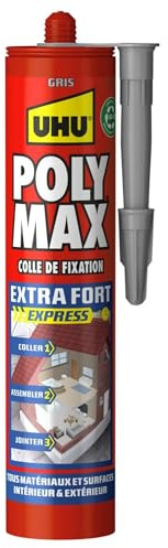 UHU Poly Max Extra-Fort - Colle de Fixation Ultra Puissante Tous matériaux | Colle, Assemble, Jointe en Intérieur/Extérieur - Mastic Universel Extra Fort- Sans Solvants - Gris - Cartouche 425 g