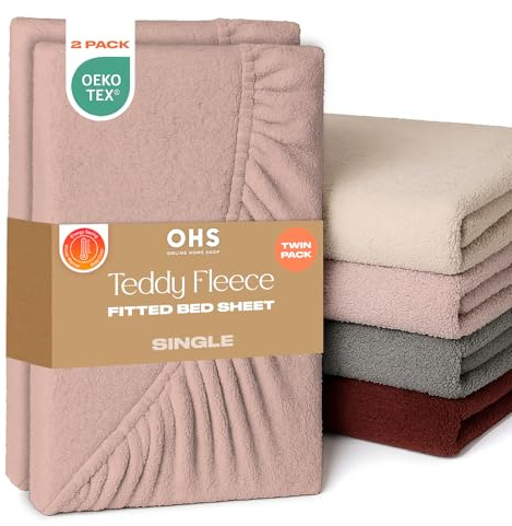 Brentfords Teddy Fleece Fitted Sheet 2 Pack, Soft Warm Thermal Teddy Bear Bedding Deep Pocket 25cm Fade Resistant Cuddly Cosy Fluffy Single Sheet Fitted 2 Pack, Blush Pink - Single