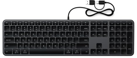 SATECHI Teclado con Cable Slim LX3 𝗤𝗪𝗘𝗥𝗧𝗬 𝗨𝗦, Tamaño Completo con Keypad Numérico, USB-C, Tecla para Cambio de SO, para Mac, Windows y Android – Negro Espacial