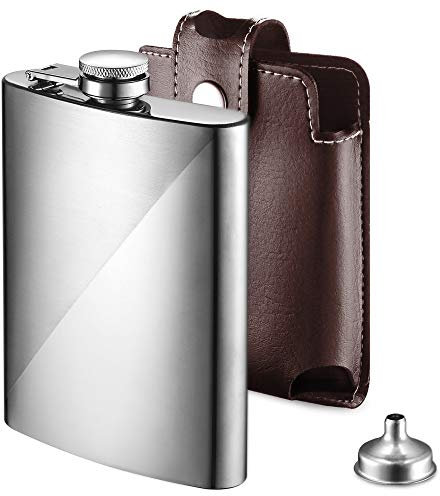 ecooe Frasco de Cadera, Petaca de Acero Inoxidable 227ml / 8oz, Petacas de Bolsillo con Embudo y Bolsa de Cuero Sintético, Frasco de Alcohol Whisky para Barbacoa Viajes Pesca Camping (Marrón)