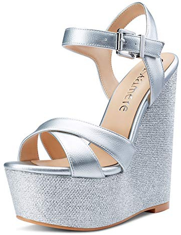 Castamere Escarpins Wedge Femme Bout Ouvert Sandale Cale Bride Cheville Slingback Plateforme Talon Argent Pu Chaussures EU 37