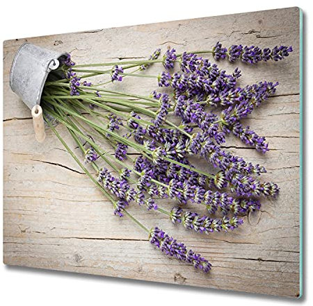 Planche à Découper en Verre Trempé 60x52 cm Décoration Avec Impression Contact Alimentaire Bords Polis Résistant à la Chaleur Pieds Antidérapants Modernité Symétrique - Lavande en pot