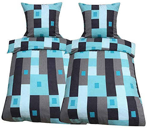 Leonado Vicenti Fleece Bettwäsche 200x200 cm 2X 80x80 cm Türkis Grau Karo Warme Garnitur Winter Set Bezug Kissen mit Reißverschluss