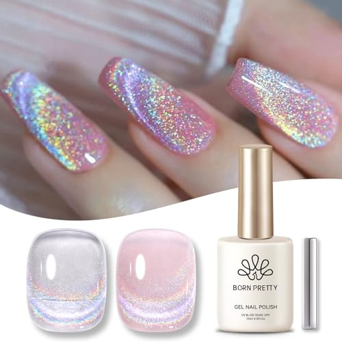BORN PRETTY UV Nagellack Magnetisch Gel, Holographic Regenbogen Glitter Shining Katzenauge UV Lack Soak Off UV Gelpolitur mit Magnetstift-Silber