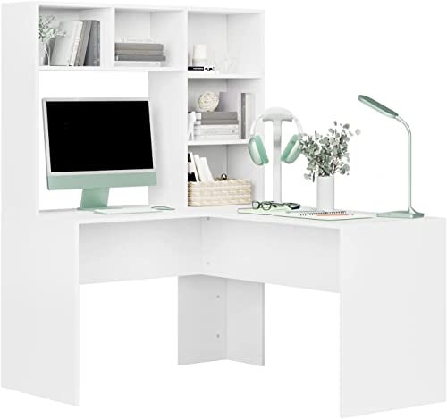 FirFurd Eckschreibtisch Weiß Schreibtisch L Form Computertisch mit Bücherregal PC Laptop Tisch Tisch für Büro Arbeitszimmer Wohnzimmer Homeoffice 152,5 x 124,7 x 107,8 cm