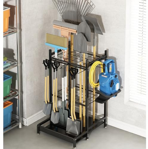 GILLAS Garden Tool Organizer for Garage, Utility Storage Racks with Hooks, Metal Yard Tool Stand Holder Organizer for Long-Handled, Broom, Shovel, Rake, Sturdy Heavy Rack for Outdoor, Yard, Black