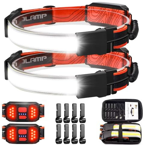 Torcia frontale a LED con custodia, 1000 lumen a 230°, faro a fascio largo, ricaricabile tramite USB, con fanale posteriore rosso, leggero e impermeabile, per campeggio, corsa, escursionismo, faro