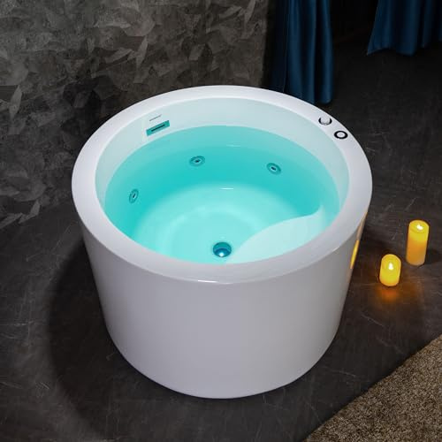 WOODBRIDGE 41 Acrylic Freestanding Round Contemporary Whirlpool Heated Jetted Tub with Pre-molded Seat and Chrome Pop-Up Drain and Overflow, White, BS0260