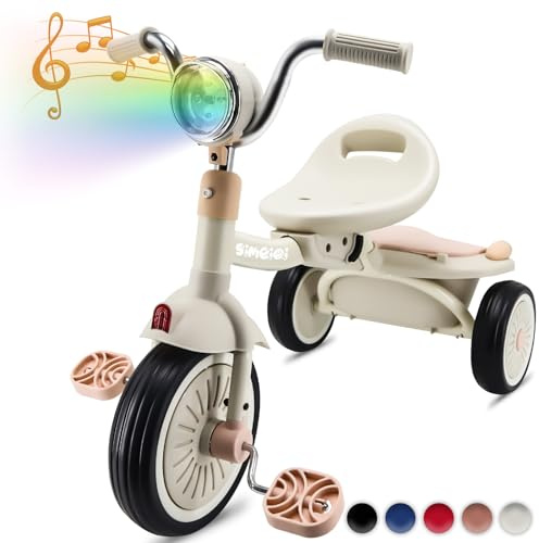 SIMEIQI Toddler Tricycle Foldable Kids Pedal Trike Pedal 3 Wheels Baby Walker Trike for Boys Girls 1-4 Years Old Rear Storage Box Music Headlight