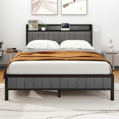 MOFLUT King Size Bed Frame with Storage and Headboard Shelf, Upholstered Bed Frame King Size with Metal Slats Enhanced Support, No Box Spring Needed, Gray Kingsize Bed Frames