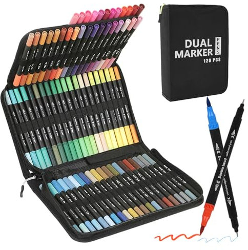 W&H Stifte 72 Farben Marker Set, Dual Tip Paint Filzstifte Set, Kunstmalstift für Malerei, Zeichenpapier, DIY-Projekte, Skizzieren und Design - Permanent Marker Malstifte auf Wasserbasis