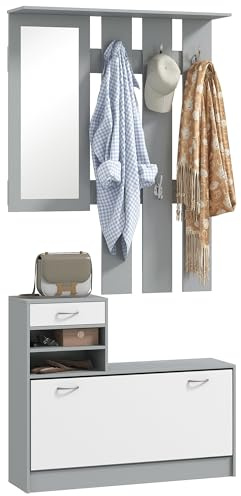 HOMCOM Set Mobili Ingresso Moderno con Scarpiera e Specchio, Appendiabiti da Ingresso con 6 Ganci, 2 Ripiani Regolabili e Cassetti in Legno per Corridoio, 90x10x91 cm, Bianco e Grigio Scuro
