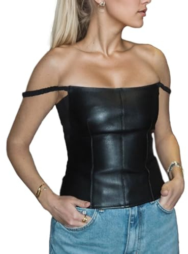 EMOTTOS Débardeurs à Spaghetti Réglable en Cuir pour Femmes, ärmellos T-Shirt Sexy en PU, Top Ajusté Y2K avec Bretelles élastiques, Rave Tshirts de Soirée Clubwear pour Femmes, Noir, S