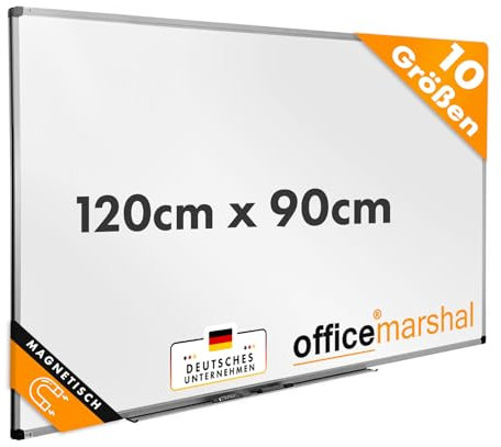 OfficeMarshal Magnetisches Whiteboard 120x90cm mit Alurahmen und abnehmbare Stiftablage für Büro, Heim und Schule, Magnettafel kratzfest und trocken abwischbar | Magentboard