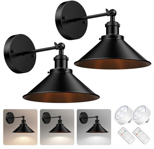 LumaBrite Battery Operated Wall Light Set of 2, Wireless Wall Lights Indoor Dimmable Battery Operated Wall Sconces Battery Powered Industrial Wall Lights for Living Room Bedroom Hallway