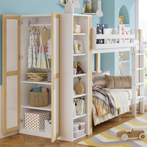 PUGSDRLY Lit Superposé Enfant avec Armoire,Rangement Latérale,6 étagères Ouvertes,Barrières de lit,Cadre de Lit Enfant 90x200 cm avec Sommier à Lattes,Pin,Blanc et Naturelle