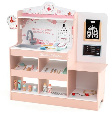 COSTWAY sjukhusleksak, doktorspelsset i trä med medicinska instrument och 24 tillbehör, inkl. stetoskop och blodtrycksmätare och spruta, läkarrollspel för barn från 3 år (Rosa)