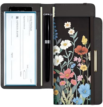 UNICRAFTALE Housse pour Chéquier Personnel en Cuir Porte Chèques 18x10.5cm Motif Fleuri avec Porte Stylo et Fentes Cartes Blocage RFID pour Chèques Personnels et Professionnels