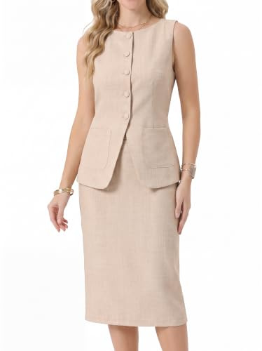 Allegra K Conjunto de falda de traje de 2 piezas para mujer, conjunto de trabajo de negocios, con botones, sin mangas, chaleco, blazer y falda recta, beige, S