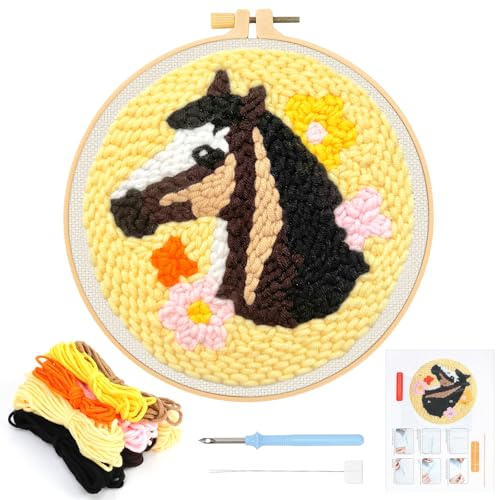 JSRQT Punch Needle Broderie Kit Adulte Débutants Chevaux Démarrage D'Aiguille de Poinçon Outils avec Instructions Crochet Crafts Poinçonner Activité Manuelle Tissu Fils Cerceaux à Broder
