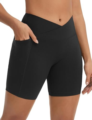 baleaf 15Cm Femmes Yoga Legging, Cross Tête Haute Elastique Skinny Shorts Pantacourt Taille Croisée Double Enfichage