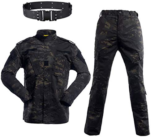 WISEONUS Taktiska Uniformer Kamouflage Kläder Jakt Airsoft Jacka Skjortor och Byxor Paintball BDU Combat Suit för skytte War Game, Svart –svart, XL