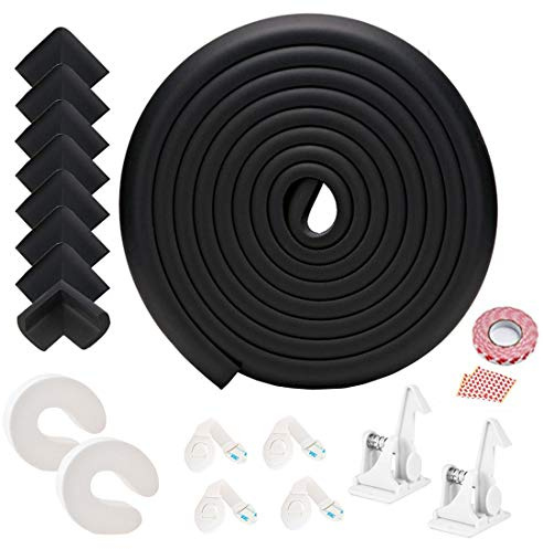 Baby Corner Guards, Fairy Baby 17Pcs Baby Proofing Kit Child Safety 1 Edge Protection 19.68 ft + 8 Corner Protectors +2 Cabinet Latch Locks + 4 Cabinet Strap Locks+ 2 Door Stopper Guards