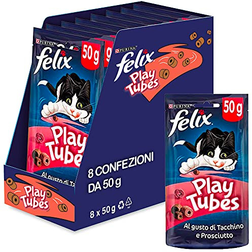 FELIX Play Tubes Snack per Gatti Adulti con Tacchino e Prosciutto 8 Confezioni da 50g