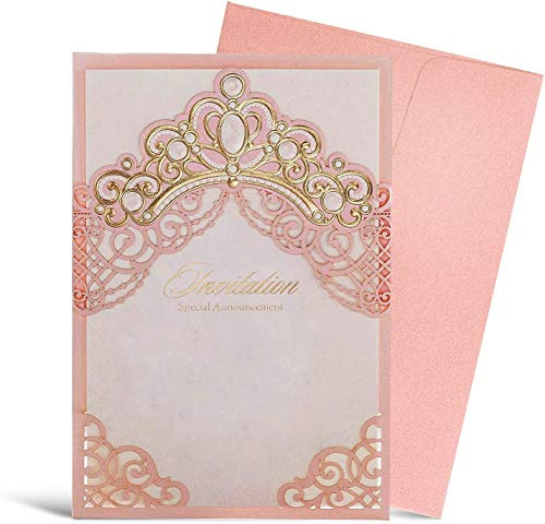 Hosmsua 20x Rosa Biglietti di invito per Matrimonio Tagliati al Laser con Motivo a Corona con Principessa Dream, Compleanno Busta rosa (20 Pezzi)