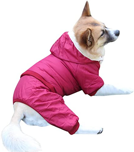 JoyDaog Fleece Lined Dog Coat with Detachable Hood and Detachable Hind Legs,Warm Puppy Jacket in Winter(Red L)