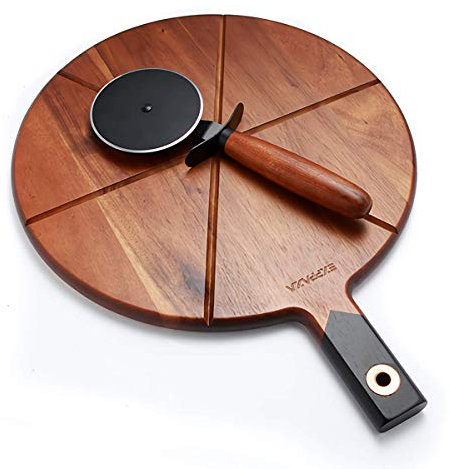 Wooden Pizza Cutting Board Set - Include Pizza Cutter Wheel - 12 Pizza Boards with 6 Grooves to Slice - Wooden Pizza Peel & Pizza Plate with Handle