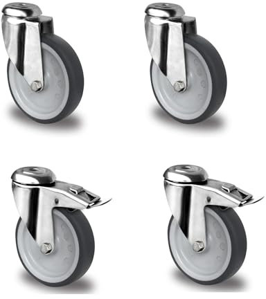 Satz Edelstahlrolle 125 mm Gummi grau spurlos Rückenloch mit ohne Bremse V2A INOX Transportrolle Apparaterolle aus Edelstahl