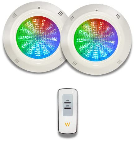 SWIMHOME Pack Iluminación Piscina | 2 Focos LED de Superficie + Control Remoto ON/Off | ABS Blanco Resistente | Ø29 cm 35W 12V/AC RGB On/Off Cable 2 Hilos