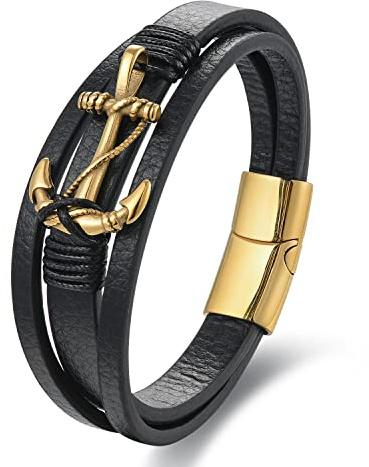 BIYONGDE Three-strand Black Leather Bangle Bracelet Gold Color Steel Sailing Rope Marine Anchor