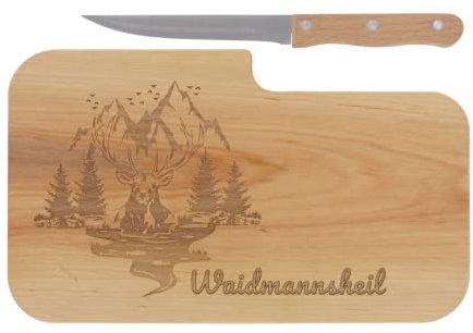 LASERHELD Tagliere per il pane in legno con incisione Waidmannsheil e coltello, 26 x 15 cm, tagliere per la colazione, tagliere in legno, regalo per cacciatori per la festa del papà, regalo per la