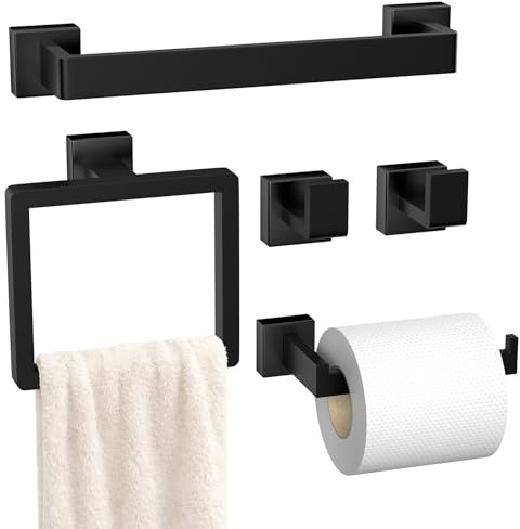 5-Pieces Matte Black Bathroom Hardware Accessories Set, SUS304 Stainless Steel Bath Towel Bar Set, Towel Racks for Bathroom Wall Mounted.