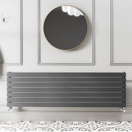 Go Bathrooms Pinta 475 x 1600mm Horizontal Radiator Anthracite Flat Panel Single Column Wall Mounted Designer Anthracite Grey Radiator Central Heating Includes Brackets