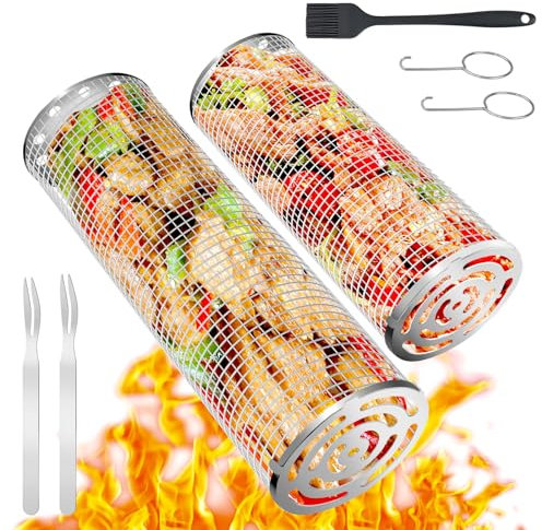 Rollendes Grillkorb Set, 2 Stück Rolling Grilling Basket, mit runden Haken, Gabel und Reinigungsbürste, Grillkorb Edelstahl Zylindrisch für Außengrill Gemüse, Fisch, Fleisch, Grillen(20CM+30CM)