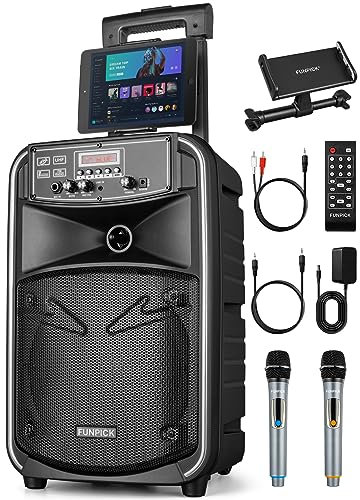 Sistema de Altavoces PA 8” Portátil con 2 Micrófonos Inalámbricos, Karaoke Bluetooth con Trolley, DSP/Grabación/TWS/FM/USB/TV, para Interiores y Exteriores, Control Remoto, Negro