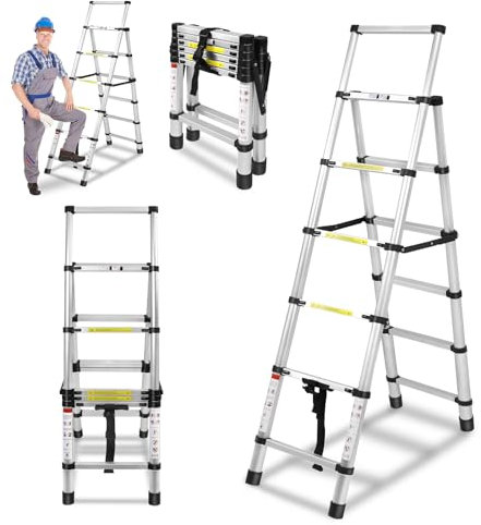 LZQ Escalera telescópica de 1,7 m + 2 m, de aluminio, con marco en A, 6 + 7 peldaños, multiusos, escalera extensible, antideslizante, para escalada, 150 kg de carga