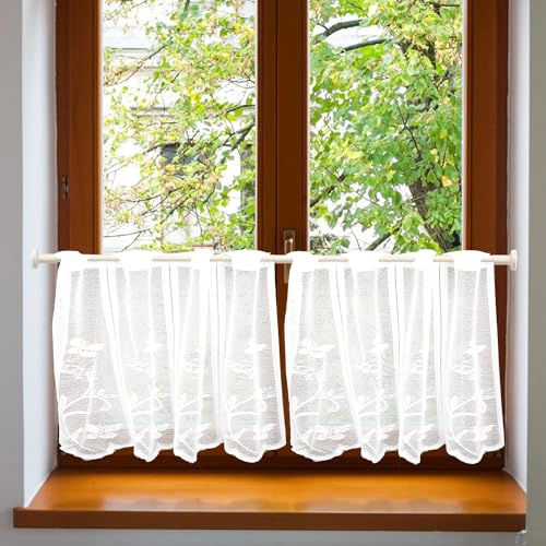 ZOLGINAH Rideaux de la Cuisine Moderne,Rideau Court Blancs avec Motifs Délicats de Papillons et de Jacquard Floral,Rideaux Transparants,Rideau Décorant Le Salon Chambre 60 x 45 cm (L x H) 2pcs