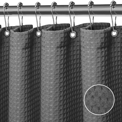 FIISAYL Waffle Tenda Doccia Tenda Vasca da Bagno Rigida Tessuto in Poliestere Lavabile in Lavatrice con 12 Anelli Impermeabile 183 x 198 cm(Grigio Scuro)